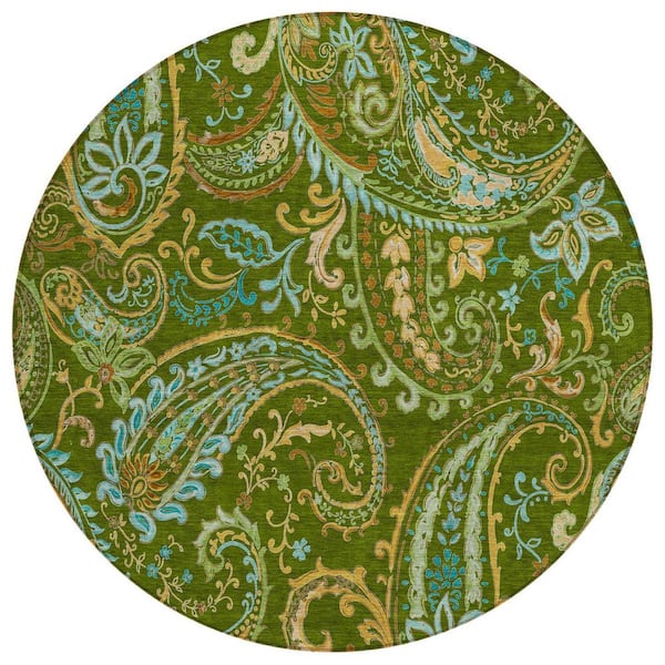 HomeRoots Green 8 ft. Round Woven Paisley Polyester Round Indoor ...