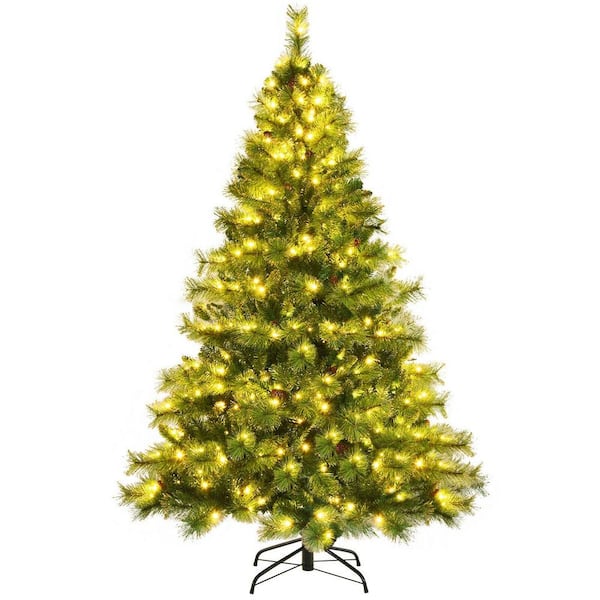 WELLFOR 6 ft. Pre-Lit LED Full Artificial Christmas Tree with 350 LED Lights and 26 Pine Cones, Metal Base Included