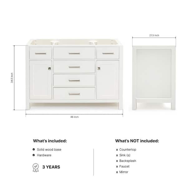 Bristol 48 in. W x 21.5 in. D x 34.5 in. H Freestanding Bath Vanity Cabinet without Top in White