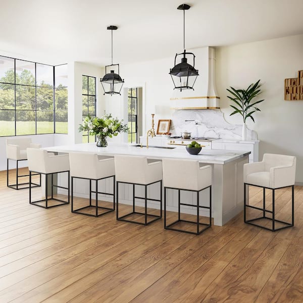 LUE BONA Hampton 30 in. Linen Modern Linen Upholstered Bar Stool Square Metal Frame Counter Height Bar Stool (Set of 6)