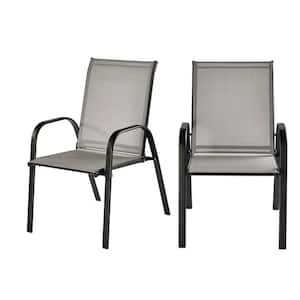 Mix and Match Black Steel Sling Outdoor Patio Dining Chair in Wet Cement (2-Pack)