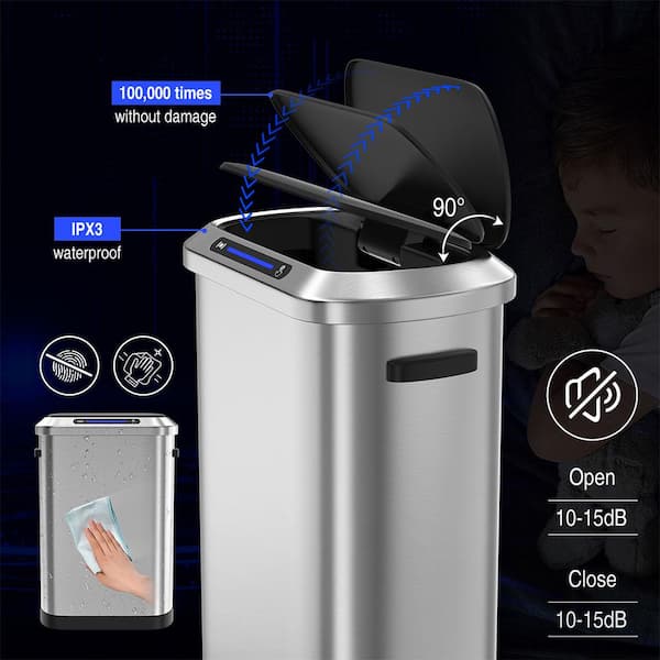 Unbranded - 13 Gal. Black Silver Touchless Automatic Metal Trash Can with Full Intelligent Sensor, Hands-Free and Quiet Operation