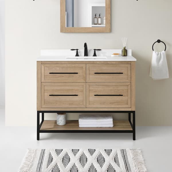 Glacier Bay Corley 42 in. W x 19 in. D x 34.50 in. H Bath Vanity in Weathered Tan with White Engineered Stone Top