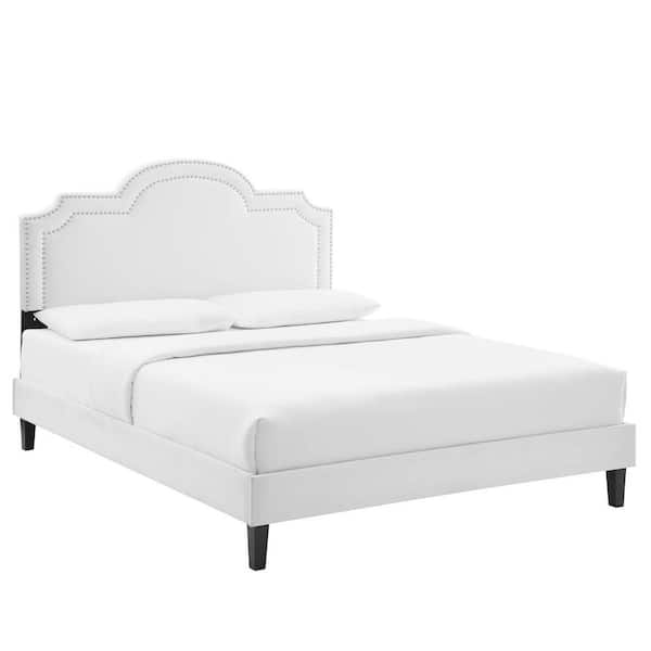 MODWAY Aviana White Performance Velvet Frame Full Platform Bed with Well-Constructed MDF Frame