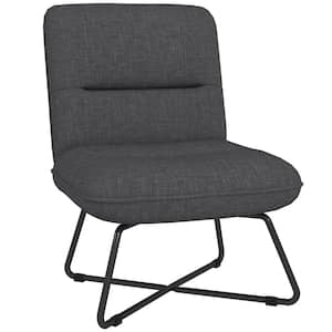 Black Steel Armless Outdoor Lounge Chair with Dark Gray Cushions, Upholstered Slipper Chair with Crossed Steel Legs