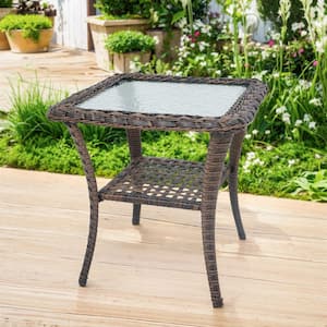 Brown Square Wicker Outdoor Side Table with Tempered Glass Top