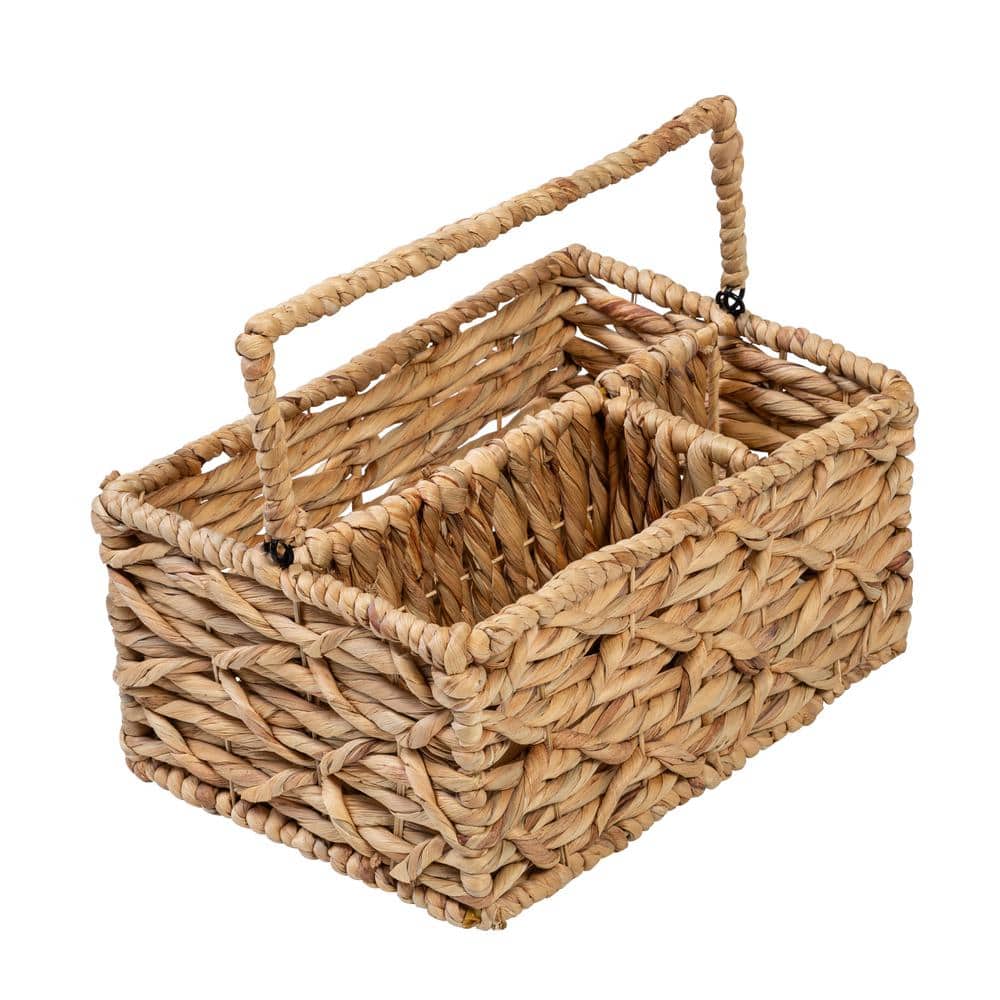 Multi-Use 3-Compartment Wicker Basket Caddy With Handle, Natural