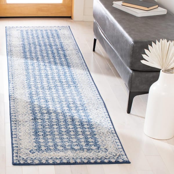 Brentwood 2 ft. x 10 ft. Navy/Beige Multi-Border Geometric Runner Rug