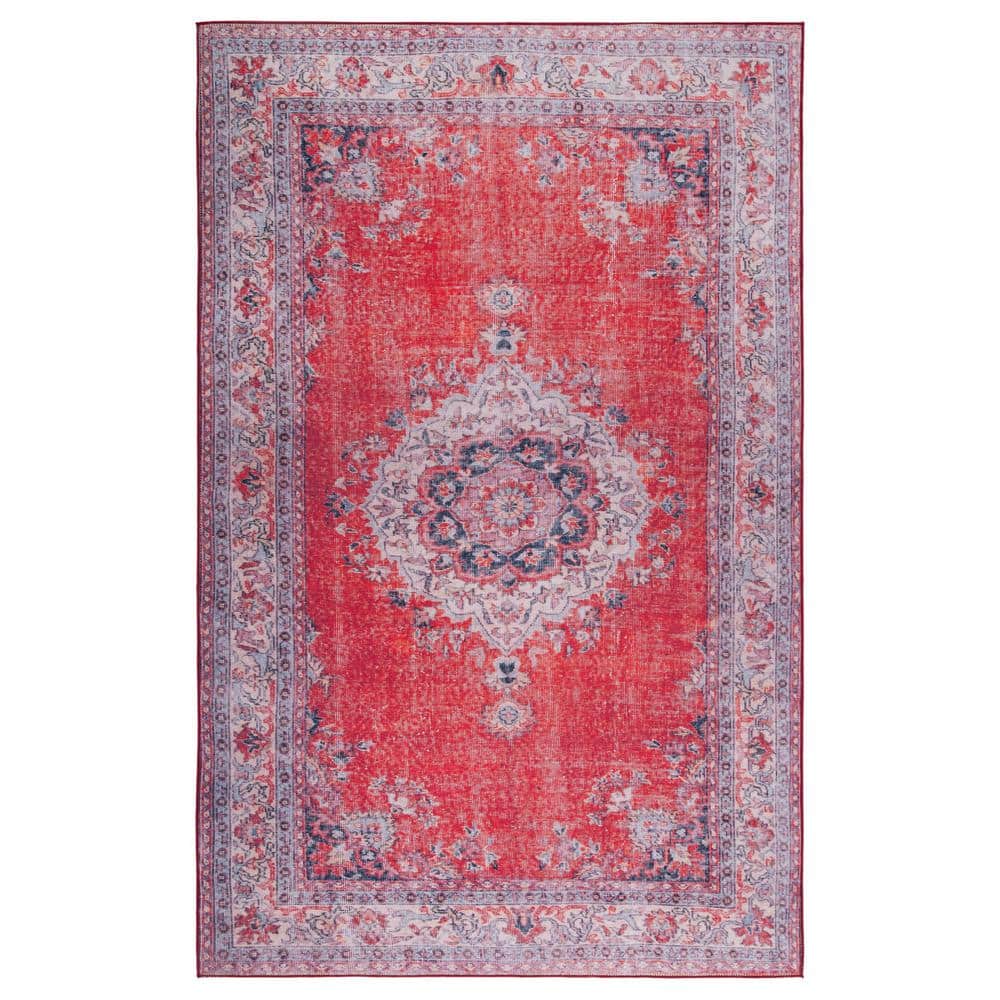 Red and Beige Traditional Washable Synthetic Area Rug, 3' x 5'