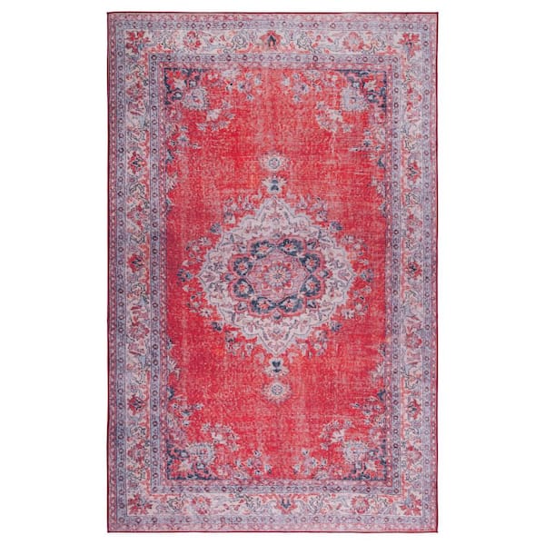 SAFAVIEH Tuscon Red/Beige 4 ft. x 6 ft. Machine Washable Floral Medallion Border Area Rug