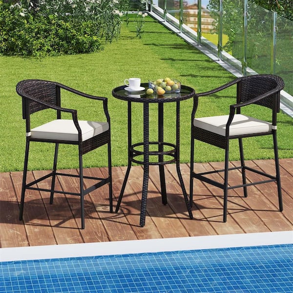 Costway 3-Piece Wicker Outdoor Serving Bar Set with Armchairs andand Round Table empered Glass Top and White Cushions