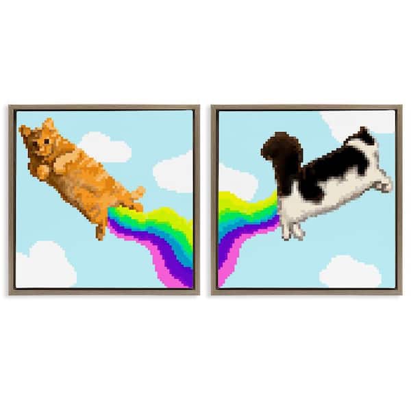 Stupell Industries Pixel Cats with Rainbows by June Erica Vess 2-Pieces Brown Floater Frame Animal Graphic Art Print 25 in. x 25 in.