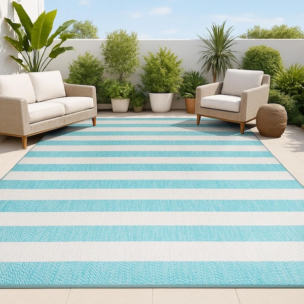 Negril 2-Tone Wide Stripe Aqua/Cream 8 ft. x 10 ft. Indoor/Outdoor Area Rug