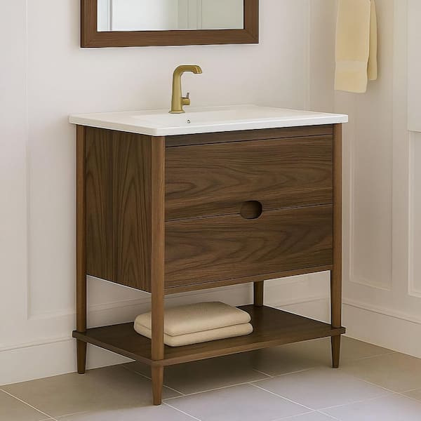 Ellery 36.02 in. Single Sink Freestanding Walnut Bath Vanity with White Ceramic Integrated Square Top