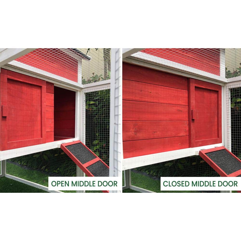 Red and White Elevated Wooden Chicken Coop with Mesh Run