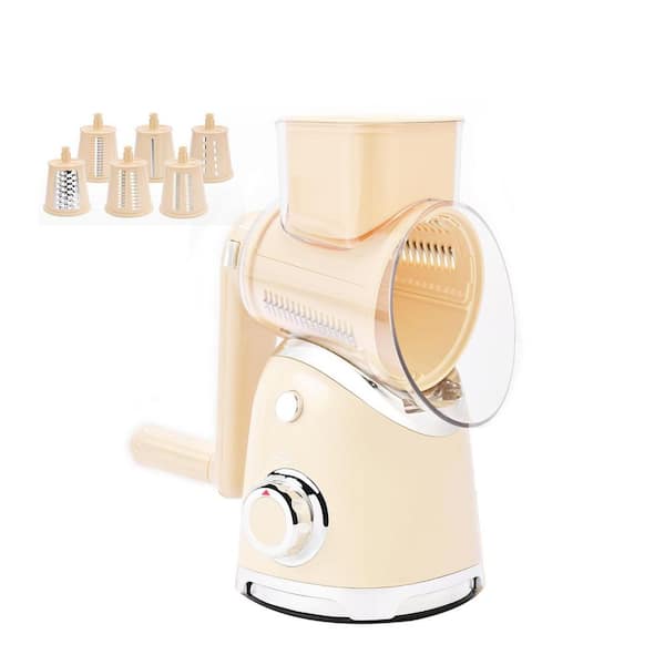 Beige Rotary Cheese Grater with 6 Interchangeable Blades, Vegetable Slicer, Reinforced Suction Base for Easy Shredding
