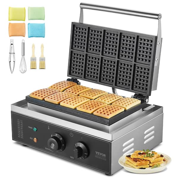 VEVOR Commercial Waffle Maker 1550 W, 10-Waffle Silver Waffle Cone Waffle Maker Non-Stick Stainless Steel Belgian Waffle Iron