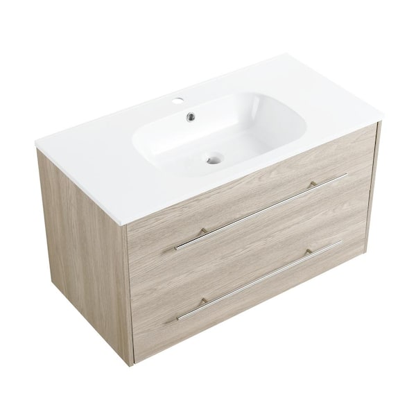 Aosspy Modern 36 in. W x 18.10 in. D x 20 in. H Wall Mounted Bathroom Vanity in White Oak with White Resin Top