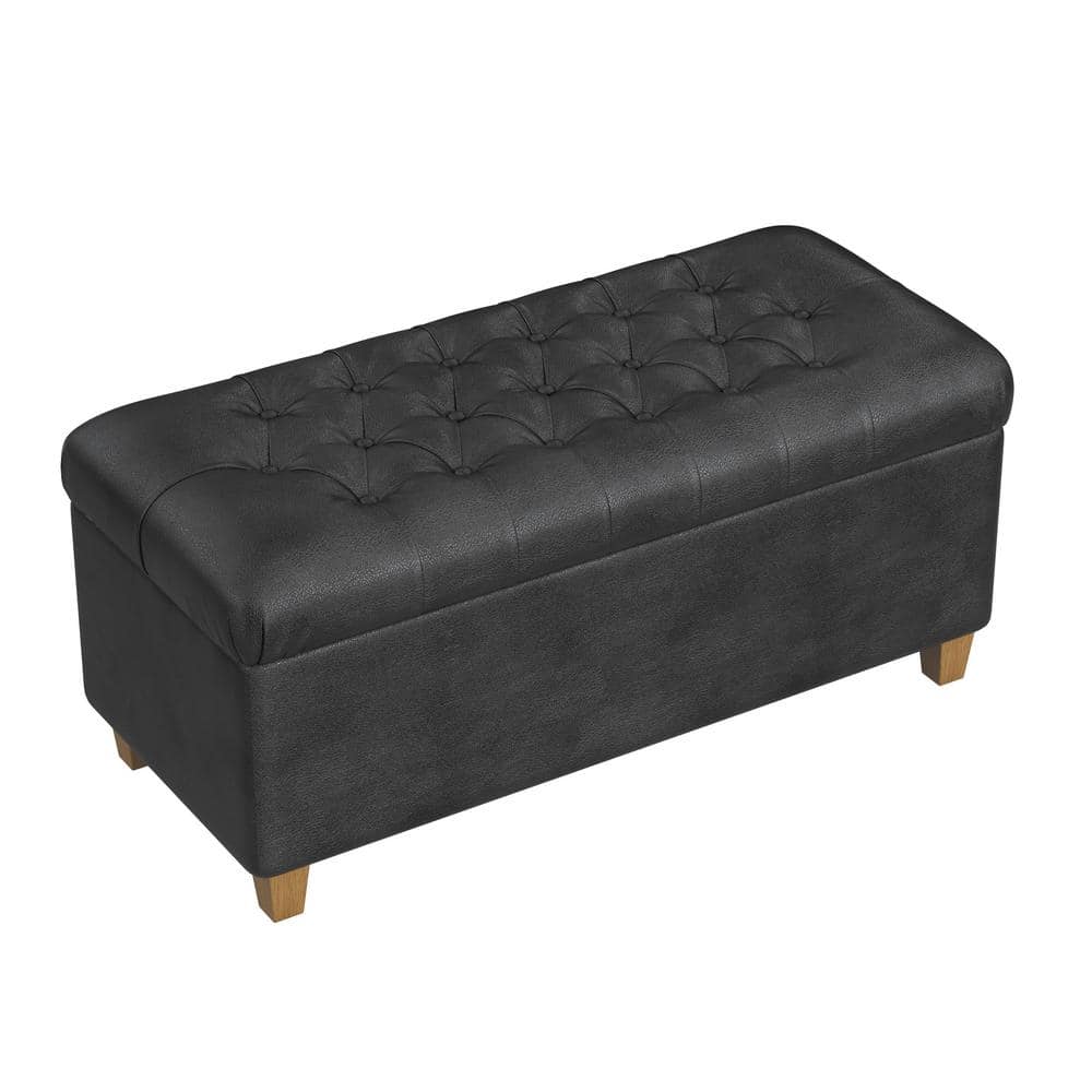 Black Faux Leather Tufted Storage Cocktail Bench with Oak Legs