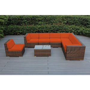 Mixed Brown 8-Piece Wicker Patio Seating Set with Supercrylic Orange Cushions
