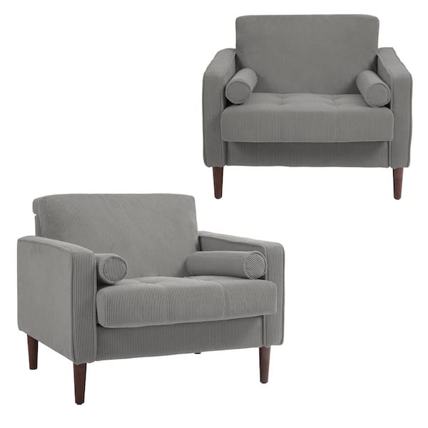Uixe Mid-Century Modern Light Gray Corduroy Fabric Upholstery Arm Chair with Wood Legs (Set of 2)