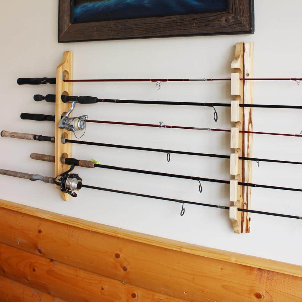 Rustic Light Brown Wood Wall-Mounted Fishing Rod Rack