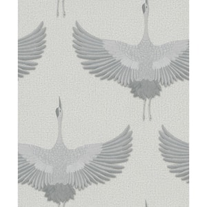 Kumano Collection Grey Textured Flying Storks Pearlescent Finish Non-Pasted Vinyl on Non-Woven Wallpaper Sample
