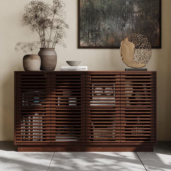 Classic Walnut Wood 55.1 in. W Sideboard, Storage Cabinet, Bookcase with 4 Shelves, 4 Slat Doors, Moisture-Proof Base
