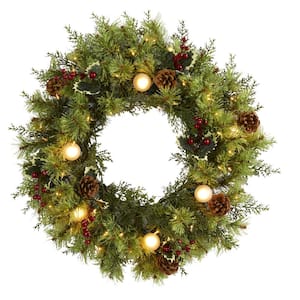 24 in. Pre-Lit Christmas Artificial Wreath with 50 White Warm Lights 7 Globe Bulbs Berries and Pine Cones