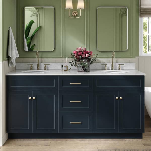 ARIEL Hamlet 73 in. W x 22 in. D x 35.25 in. H Double Freestanding Bath Vanity in Midnight Blue with White Marble Top