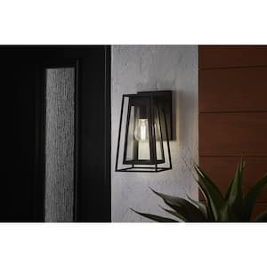 Bailey 11 in. Small Modern 1-Light Black Hardwired Double Frame Outdoor Wall Lantern Sconce with Clear Glass