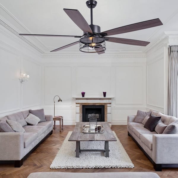 Koyah 65 in. Indoor Black Caged Ceiling Fan with Light and Remote, Farmhouse Down Rod Ceiling Fan with 6 Speeds