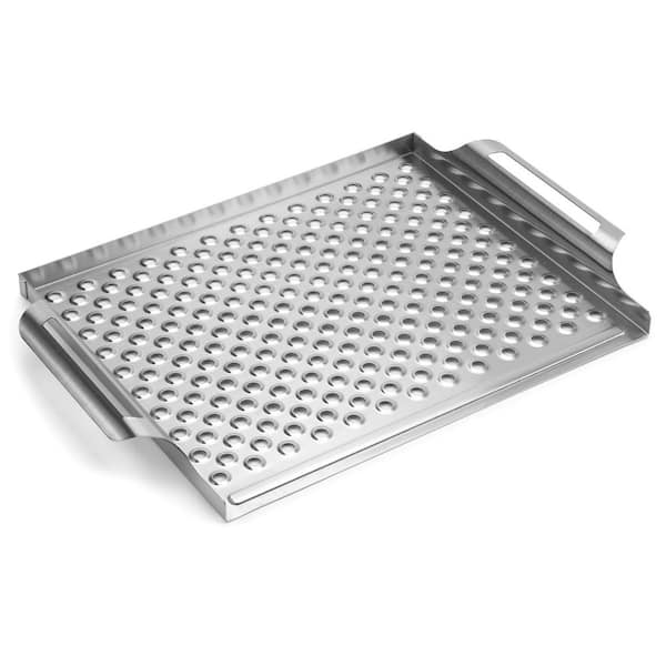 Stainless Steel Nonstick Grill Pan with Perforated Bottom and Handles for Seafood, Meat, Vegetables, BBQ Use