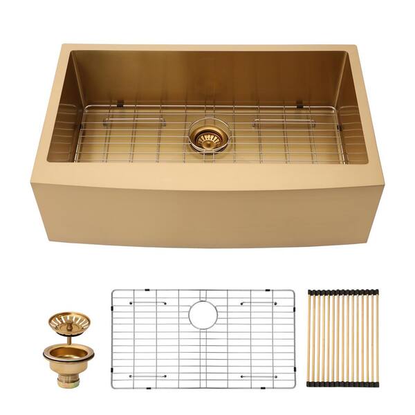 stufurhome Lod 30 in. Farmhouse/Apron-Front Single Bowl Brushed Gold Stainless Steel Kitchen Sink