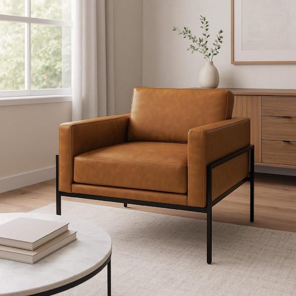 Caramel Brown and Black Faux Leather Arm Chair with Loose Back