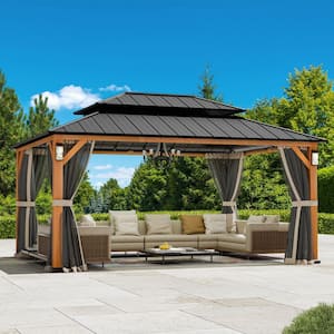 Ultra Series 12 ft. x 16 ft. Permanent Hardtop Gazebo With Solar LED Lights, Mosquito Nettings, Wood Looking