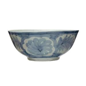 620 fl. oz. Blue and White Stoneware Hand Painted Bowl with Floral Design
