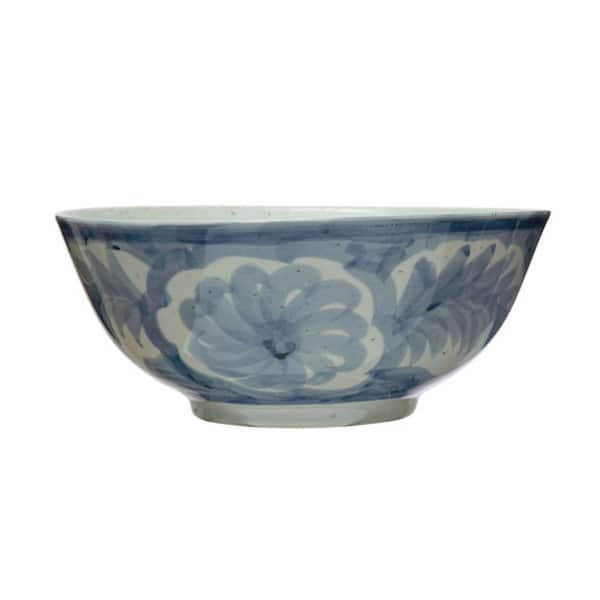 Storied Home 620 fl. oz. Blue and White Stoneware Hand Painted Bowl with Floral Design