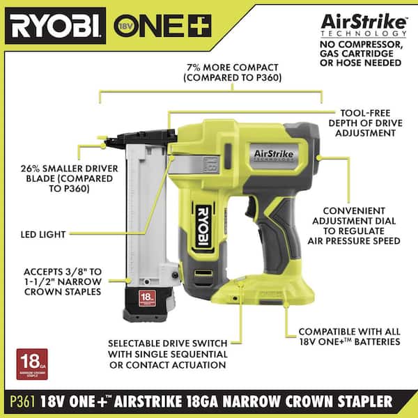 RYOBI ONE+ 18V 18-Gauge Cordless AirStrike Narrow Crown Stapler (Tool Only)  P361