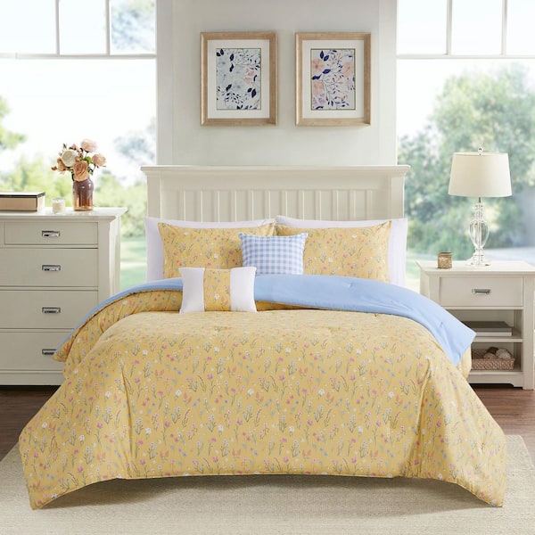 9-Piece Yellow Floral Queen Bed in a Bag Microfiber Comforter Set