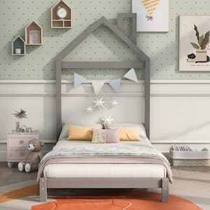 42 in.W Gray Twin Size Platform Bed with House-Shaped Headboard, Toddler Floor Bed with Solid Wood Slats