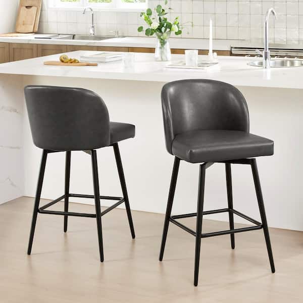 Spruce & Spring Cynthia 30 in. Gray High Back Metal Swivel Bar Stool with Faux Leather Seat (Set of 2)