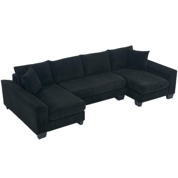 Modern 114 in. Square Arm 3-piece U-Shaped Corduroy Sectional Sofa in. Black with Chaise Lounge