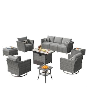 Bexley Gray 10-Piece Wicker Rectangle Fire Pit Patio Conversation Set with Dark Gray Cushions and Swivel Chairs