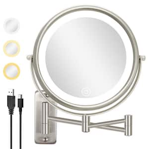 8 in. W x 8 in. H Round Framed Wall Bathroom Vanity Mirror in Silver, 3 Color LED 10X Magnifying Makeup Mirror, Hotel