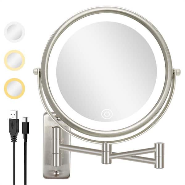 Unbranded 8 in. W x 8 in. H Round Framed Wall Bathroom Vanity Mirror in Silver, 3 Color LED 10X Magnifying Makeup Mirror, Hotel
