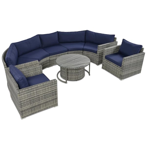 9-Piece Patio PE Wicker Outdoor Sectional Set-Gray Modern Style Sofa with Blue Cushions