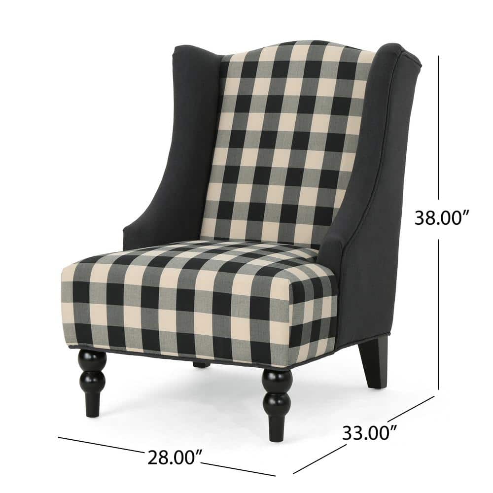 Handcrafted Black and Beige Plaid Wood Club Accent Chair