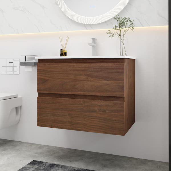 FAMYYT 30 in. W x 18 in. D x 20.25 in. H Single Sink Wall Bath Vanity in Brown Oak with White Ceramic Top
