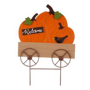 26.38 in. H Fall Metal/Wooden Pumpkin Cart Yard Stake/Hanging Decor (KD, 2-Function)